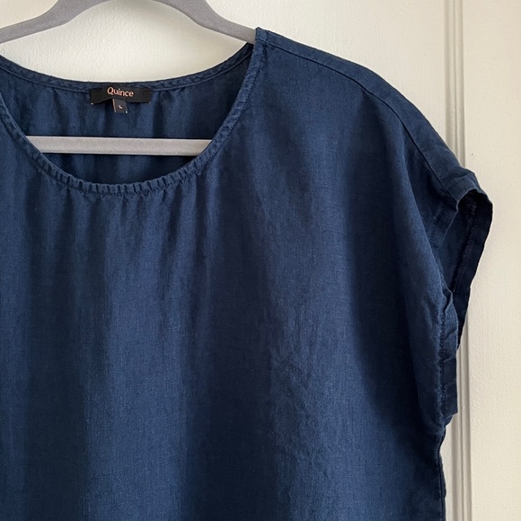 Quince Size Large 100% Linen Navy Blue Boxy Blouse Top Short Sleeved Shirt - Picture 3 of 11